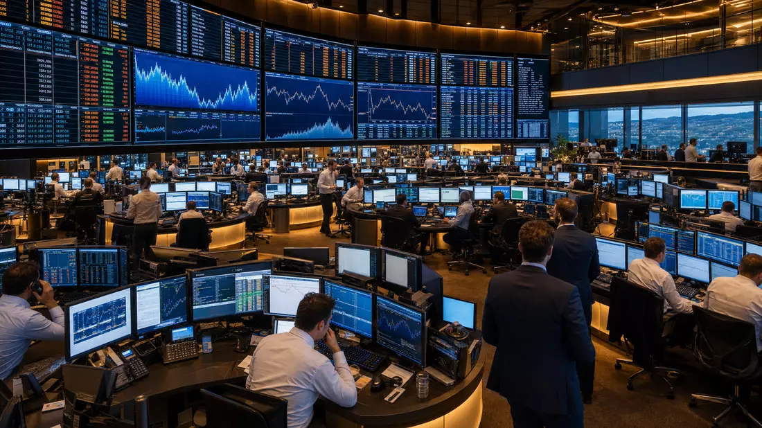 Börsen-Handelssaal SIX Swiss Exchange mit Bildschirmen und Versicherungssektor-Charts