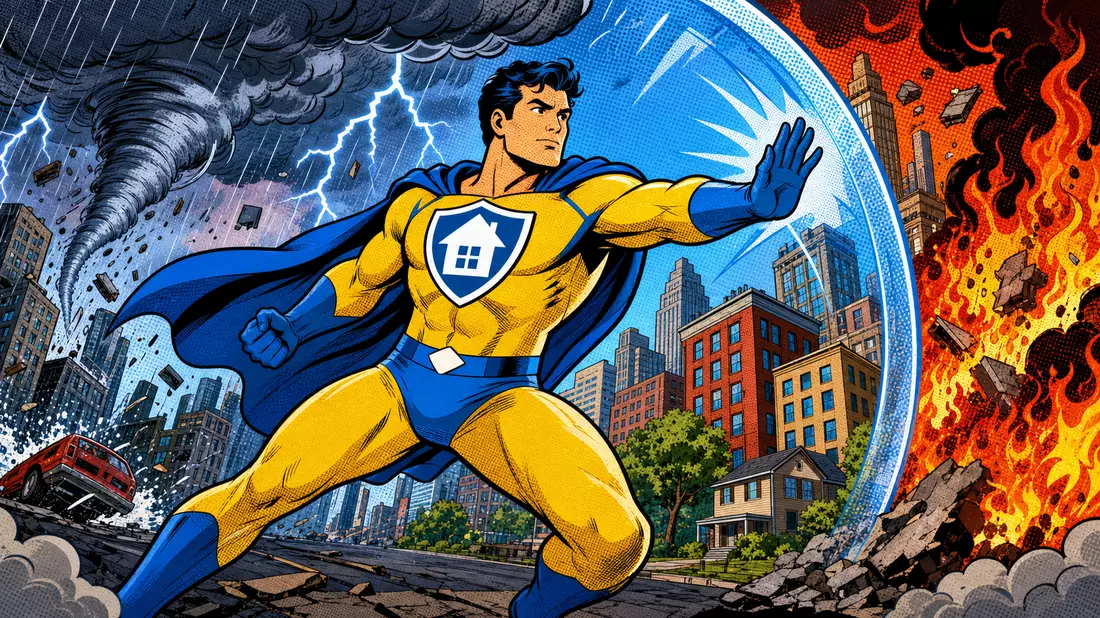 Farbiger Pop-Art-Comic mit Versicherungs-Superheld schützt Stadt vor Sturm und Feuer