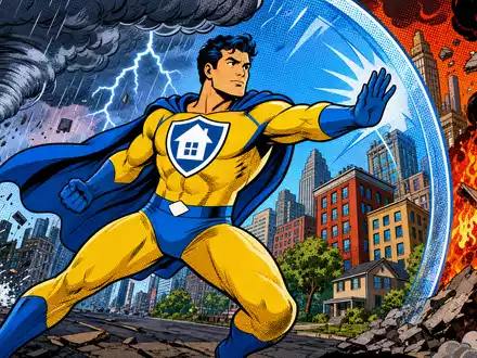Chubb Limited Versicherungs-Superheld CH0044328745 schützt in farbigem Pop-Art-Comic Stadtgebäude vor Sturm und Feuer - Foto: THN