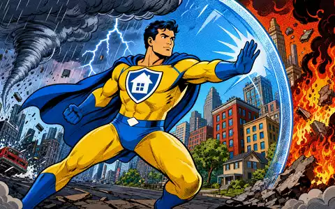 Chubb Limited Versicherungs-Superheld CH0044328745 schützt in farbigem Pop-Art-Comic Stadtgebäude vor Sturm und Feuer - Foto: THN