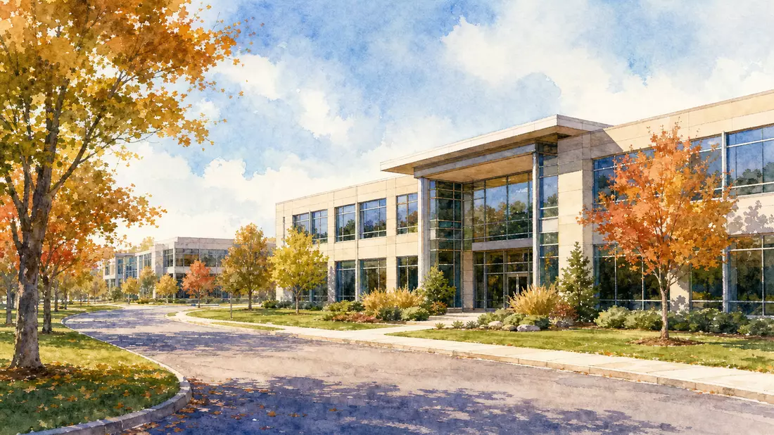 Aquarell des modernen Konzernhauptsitzes von Church & Dwight in Ewing, New Jersey