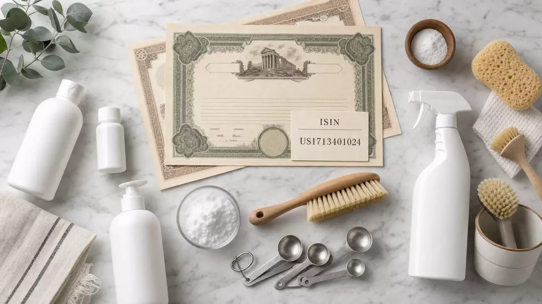 Flatlay mit Aktien-Zertifikat, ISIN-Karte US1713401024 und Haushaltsprodukten auf Marmor