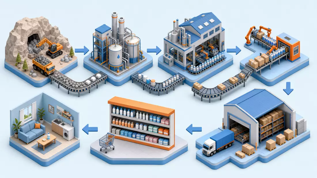 Isometrische 3D-Illustration der Lieferkette eines Konsumgüterunternehmens von Abbau bis Haushalt