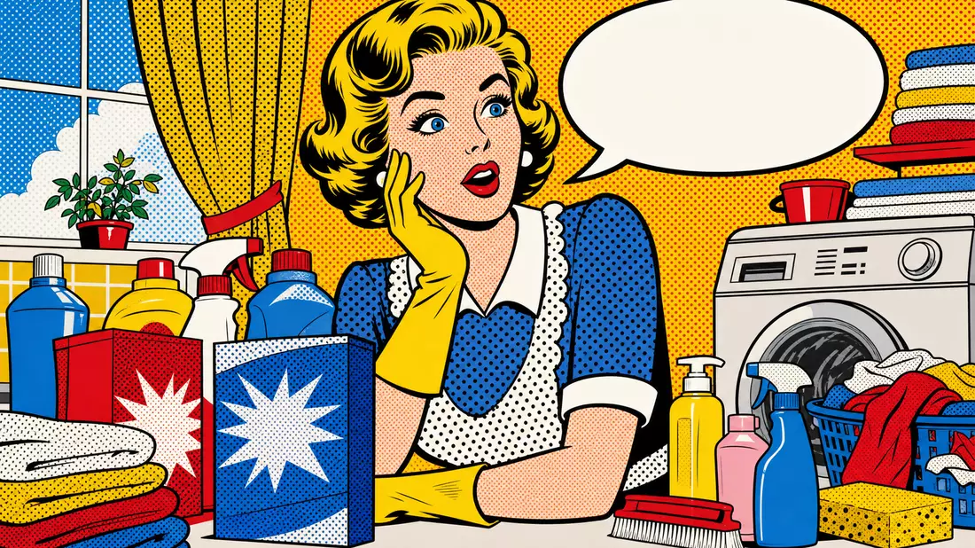 Buntes Pop-Art-Comic im Lichtenstein-Stil mit Retro-Hausfrau und Konsumgüter-Reinigungsprodukten