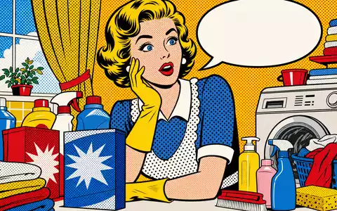 Church & Dwight US1713401024 Pop-Art-Comic zeigt Retro-Hausfrau mit unmarkierten Haushaltsmitteln im Lichtenstein-Stil - Foto: THN