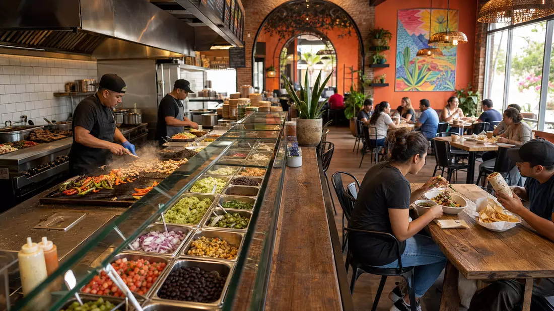 Modernes Fast-Casual-Restaurant-Interieur mit offener Küche und frischen Zutaten an Holztischen