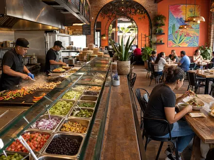 Chipotle Mexican Grill zeigt ein belebtes Restaurant Interieur mit offener Küche und frischen Zutaten US1696561059 - Foto: THN