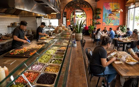 Chipotle Mexican Grill zeigt ein belebtes Restaurant Interieur mit offener Küche und frischen Zutaten US1696561059 - Foto: THN