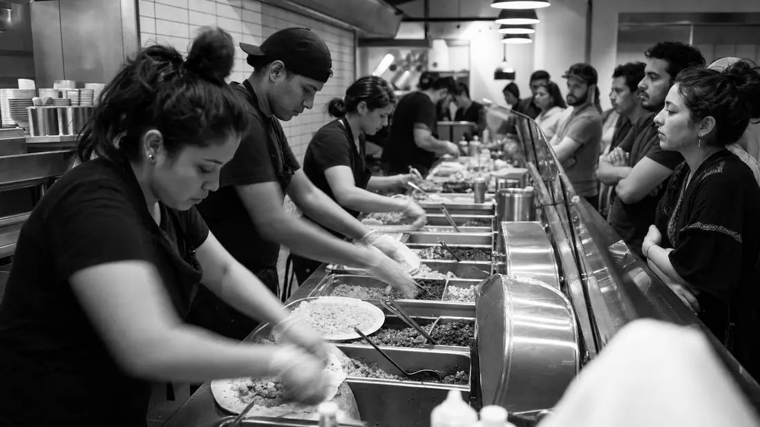 Schwarzweiß-Reportagefoto einer belebten Fast-Casual-Restaurant-Servicelinie mit Mitarbeitern