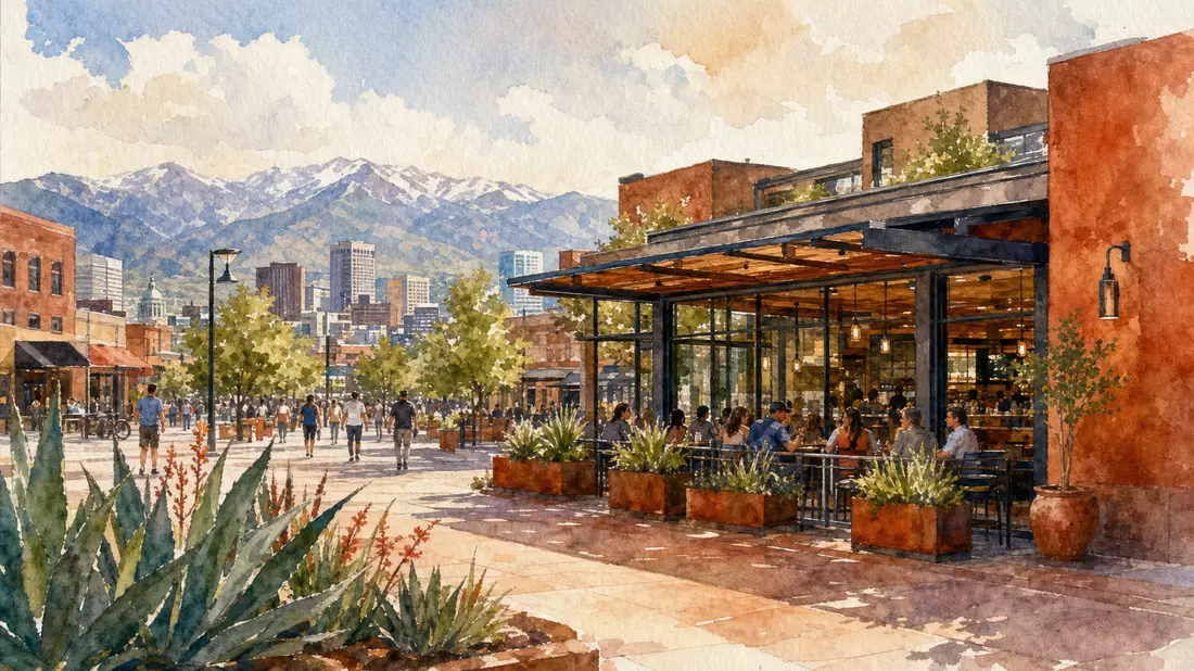 Aquarell-Stadtbild von Denver mit modernem Restaurant und Rocky-Mountains-Silhouette im Hintergrund