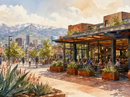 Chipotle Mexican Grill Aquarell zeigt Denver Stadtbild mit modernem Restaurantgebäude und Rocky Mountains Kulisse US1696561059 - Foto: THN