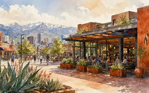Chipotle Mexican Grill Aquarell zeigt Denver Stadtbild mit modernem RestaurantgebÀude und Rocky Mountains Kulisse US1696561059 - Foto: THN