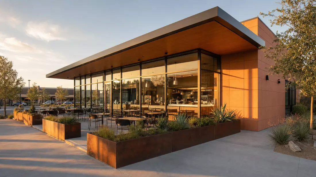 Architektonisches 3D-Render eines modernen Restaurantgebäudes mit Glasfassade bei Abendlicht