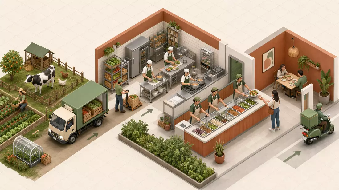 Isometrisches 3D-Diagramm der Restaurantwertschöpfungskette von Farm bis Lieferung