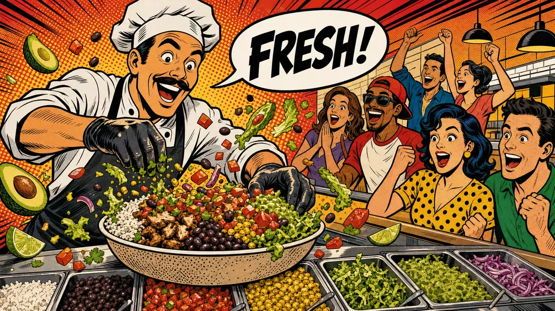 Lebendige Pop-Art-Comic-Illustration eines Fast-Casual-Kochs mit riesiger Burrito-Bowl