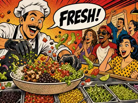Chipotle Mexican Grill Pop Art Comic zeigt frischen Koch und begeisterte Gäste der Aktie US1696561059 - Foto: THN
