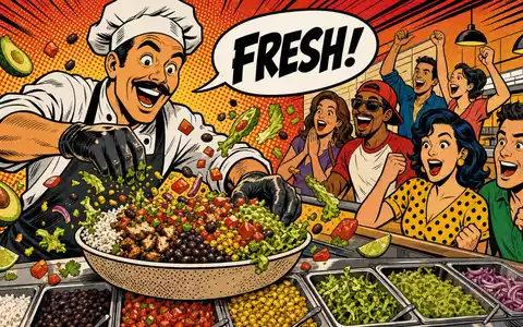 Chipotle Mexican Grill Pop Art Comic zeigt frischen Koch und begeisterte GĂ€ste der Aktie US1696561059 - Foto: THN