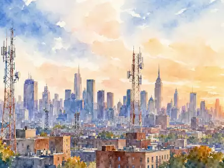Charter Communications US16119P1084 Aquarellmalerei einer amerikanischen Stadtsilhouette mit Telekommunikationstürmen und Sendemasten bei Sonnenuntergang - Foto: THN
