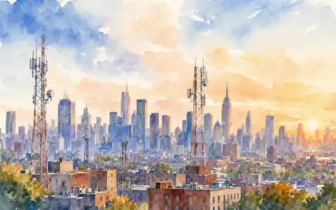 Charter Communications US16119P1084 Aquarellmalerei einer amerikanischen Stadtsilhouette mit Telekommunikationstürmen und Sendemasten bei Sonnenuntergang - Foto: THN