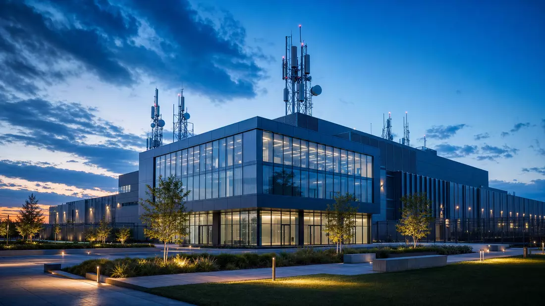Architektur-Render: Modernes Telekommunikations-Rechenzentrum bei Dämmerung
