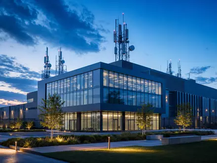Charter Communications US16119P1084 Architektur-Render modernes Rechenzentrum-Gebäude mit Antennenmasten auf dem Dach zur blauen Stunde - Foto: THN