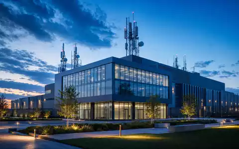 Charter Communications US16119P1084 Architektur-Render modernes Rechenzentrum-Gebäude mit Antennenmasten auf dem Dach zur blauen Stunde - Foto: THN