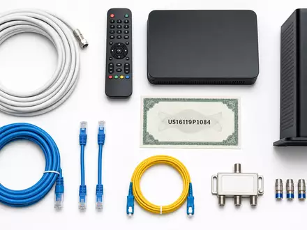 Charter Communications US16119P1084 Flatlay Koaxialkabel Modem Set-Top-Box und Aktienzertifikat auf weiĂźem Hintergrund - Foto: THN