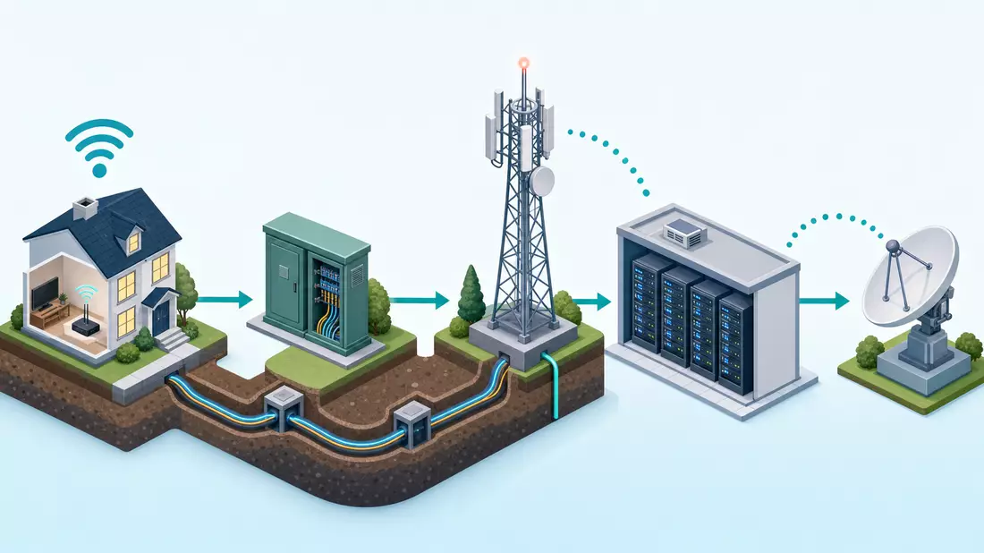 Isometrische Illustration: Telekommunikationsnetz von Haus bis Satellit