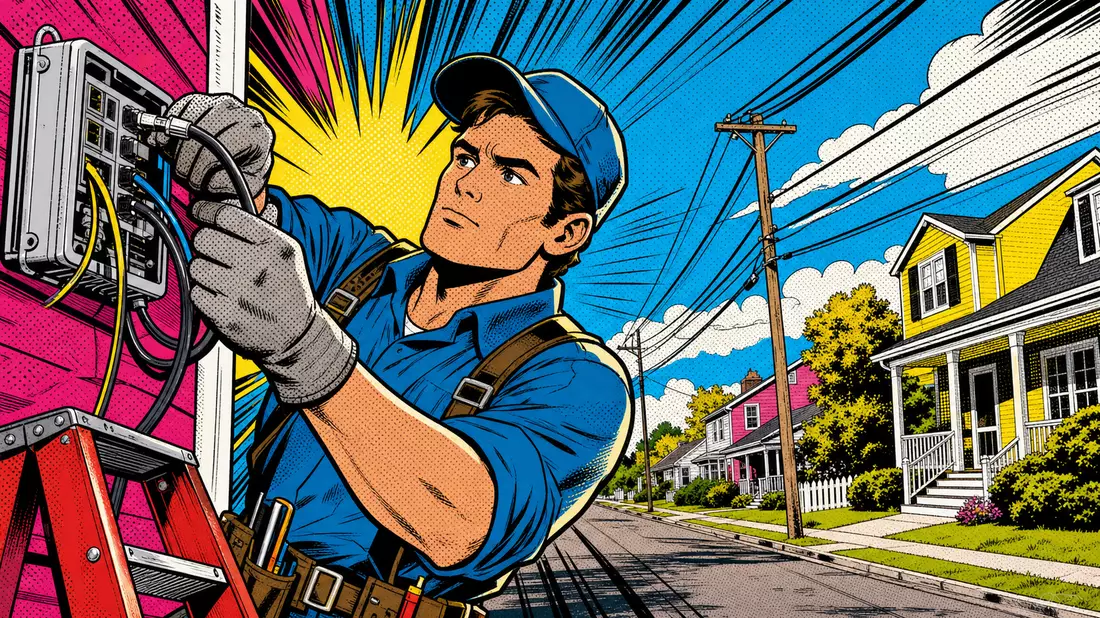 Pop-Art-Comic: Kabelmonteur bei Internetinstallation in Vorstadt mit Halbton-Punkten