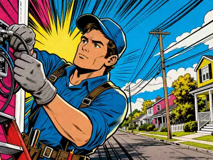 Charter Communications US16119P1084 Pop-Art-Comic Kabelmonteur installiert Internet in amerikanischer Vorstadt dynamisch bunt - Foto: THN