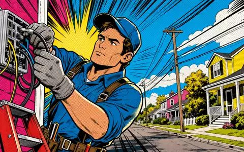 Charter Communications US16119P1084 Pop-Art-Comic Kabelmonteur installiert Internet in amerikanischer Vorstadt dynamisch bunt - Foto: THN