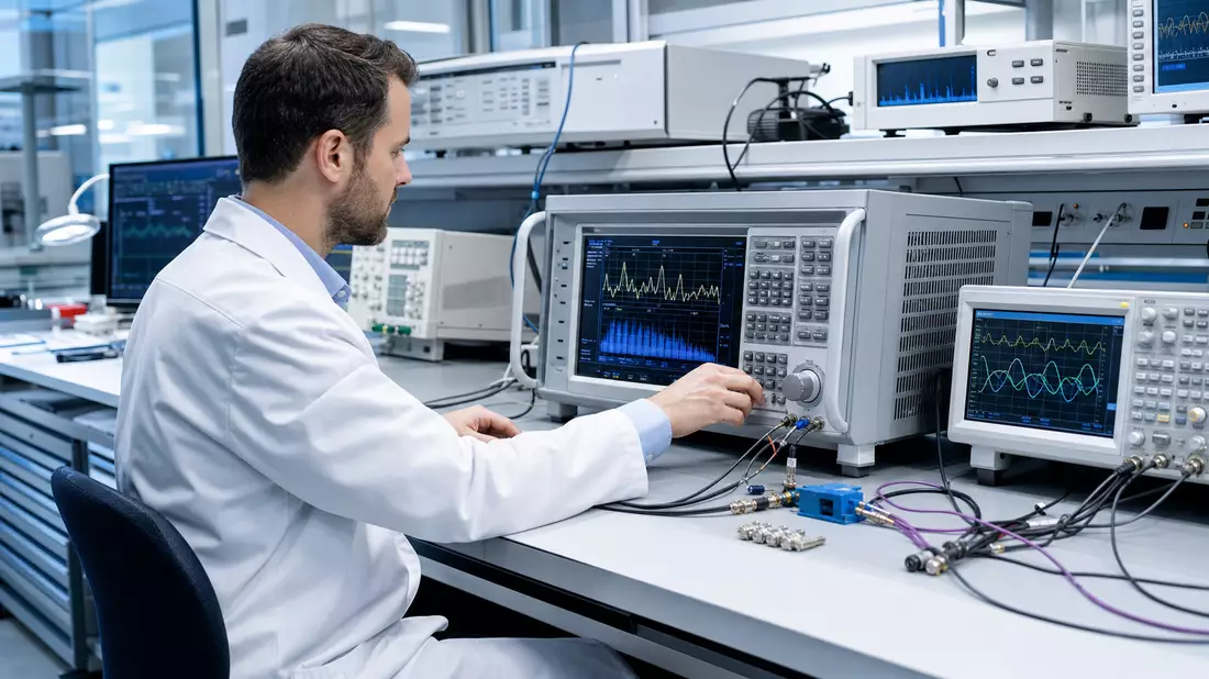 Ingenieur bedient Testinstrumente mit Wellenform-Anzeigen im Elektroniklabor