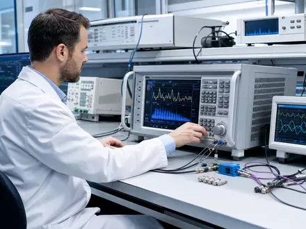 Keysight Technologies (US49338L1035) zeigt einen Ingenieur im modernen Testlabor mit Signalanalysator und mehreren Oszilloskop-Messgeräten - Foto: THN
