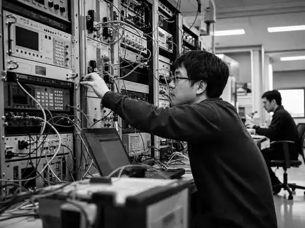 Keysight Technologies (US49338L1035) dokumentiert zwei Techniker bei der Wartung von Rack-Messgeräten in einer Schwarzweiß-Reportage - Foto: THN