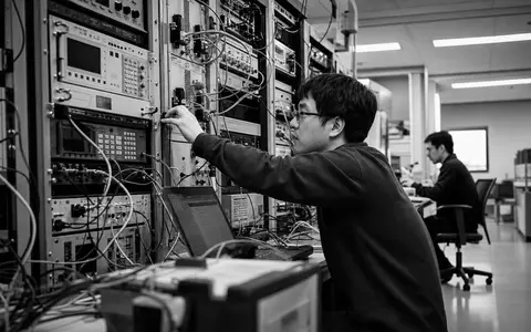 Keysight Technologies (US49338L1035) dokumentiert zwei Techniker bei der Wartung von Rack-Messgeräten in einer Schwarzweiß-Reportage - Foto: THN