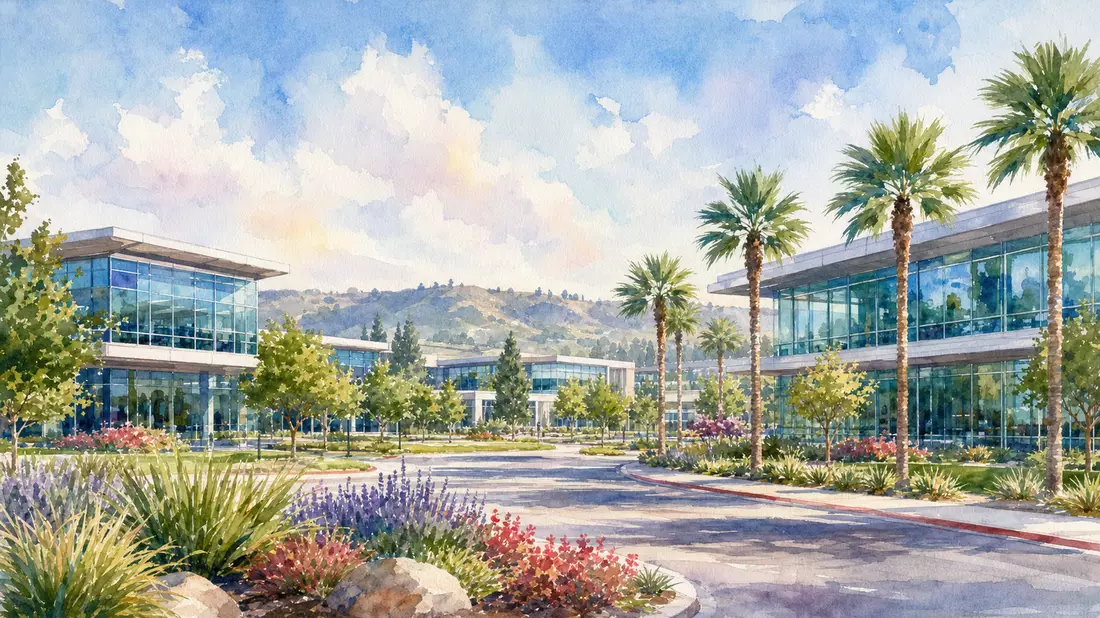 Aquarellmalerei eines Firmencampus mit Glasgebäuden und Palmen unter blauem Himmel