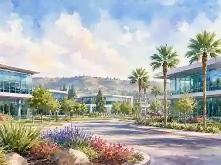 Keysight Technologies (US49338L1035) präsentiert eine Aquarell-Ansicht eines modernen Technologie-Campus mit Palmen in Kalifornien - Foto: THN