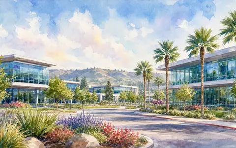 Keysight Technologies (US49338L1035) präsentiert eine Aquarell-Ansicht eines modernen Technologie-Campus mit Palmen in Kalifornien - Foto: THN