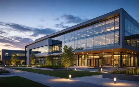 Keysight Technologies (US49338L1035) illustriert ein Architektur-Render eines modernen Glas- und Stahl-Firmengebäudes bei Abenddämmerung - Foto: THN