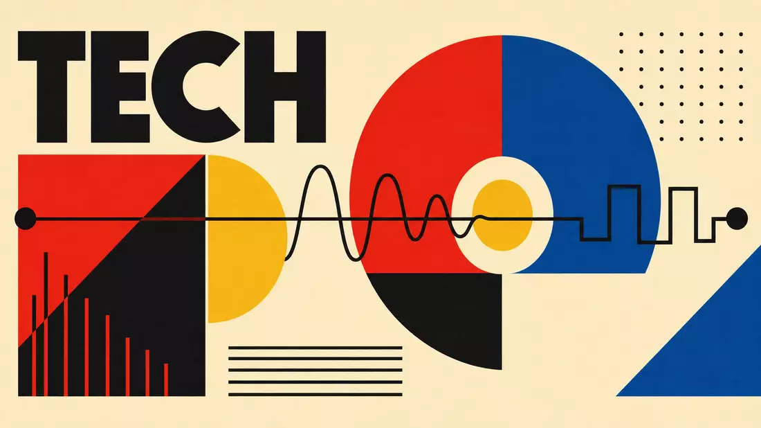 Geometrisches Bauhaus-Poster mit Kreisen, Signalwellen und Schriftzug TECH