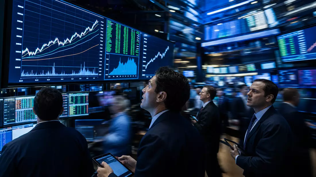 Trading-Floor mit Großbildschirmen und steigenden Aktienkurs-Charts im Elektroniksektor