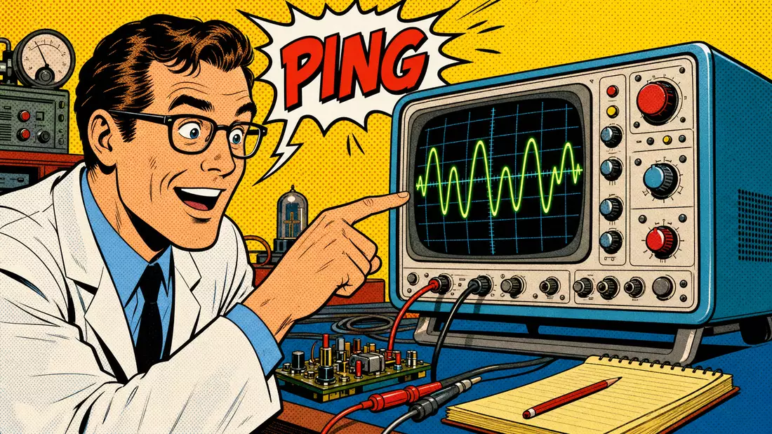 Buntes Pop-Art-Comic mit Ingenieur, Oszilloskop und Sprechblase PING