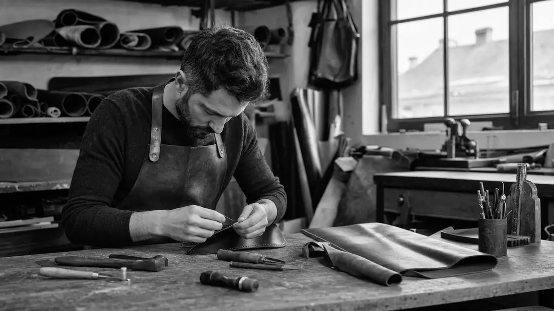 Schwarzweiß-Reportagefoto eines Lederhandwerkers an der Werkbank im Atelier
