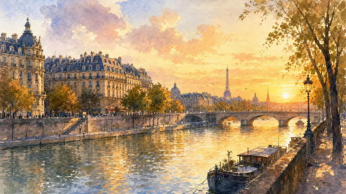 Aquarellmalerei der Seine in Paris bei goldenem Abendlicht mit Brücke