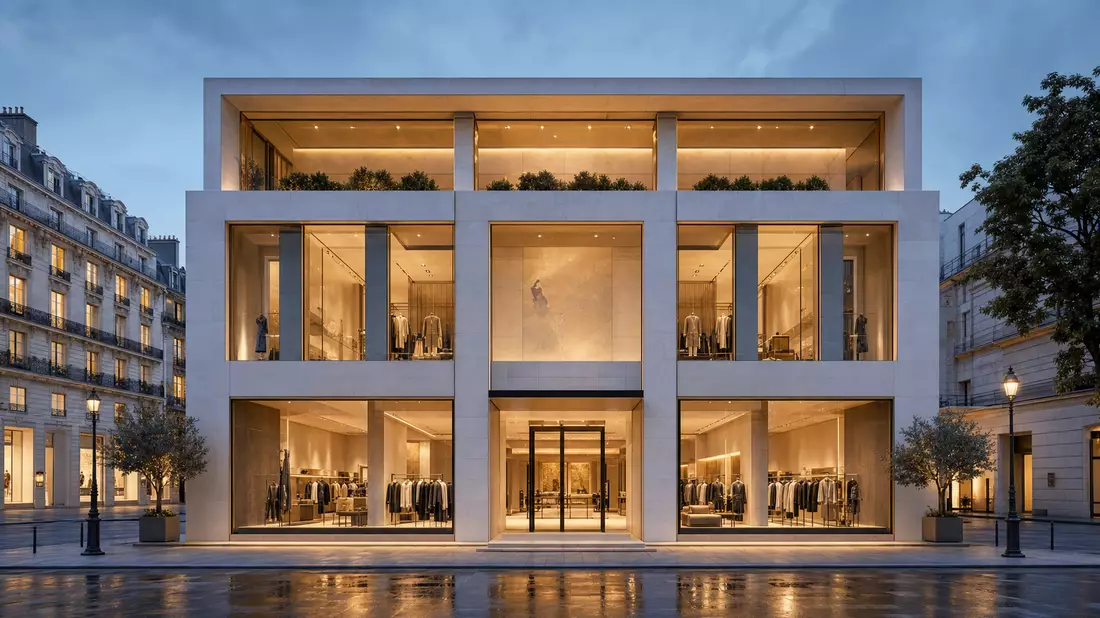 Architektur-Rendering einer modernen Glasfassade einer Luxusboutique bei Dämmerung