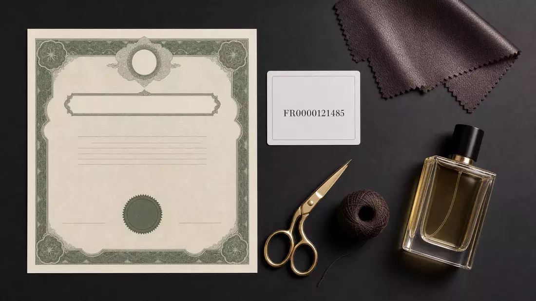 Flatlay mit Aktienzertifikat, ISIN-Karte und Luxusgüter-Utensilien auf dunklem Grund