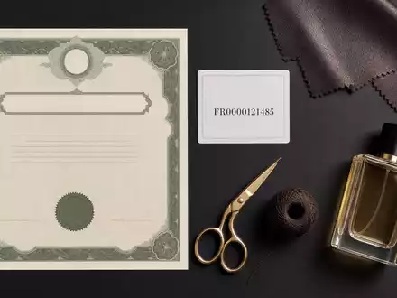 Flatlay mit Aktienzertifikat und ISIN-Karte FR0000121485 illustriert Kapitalmarkt-Präsenz von Kering S.A. anschaulich - Foto: THN