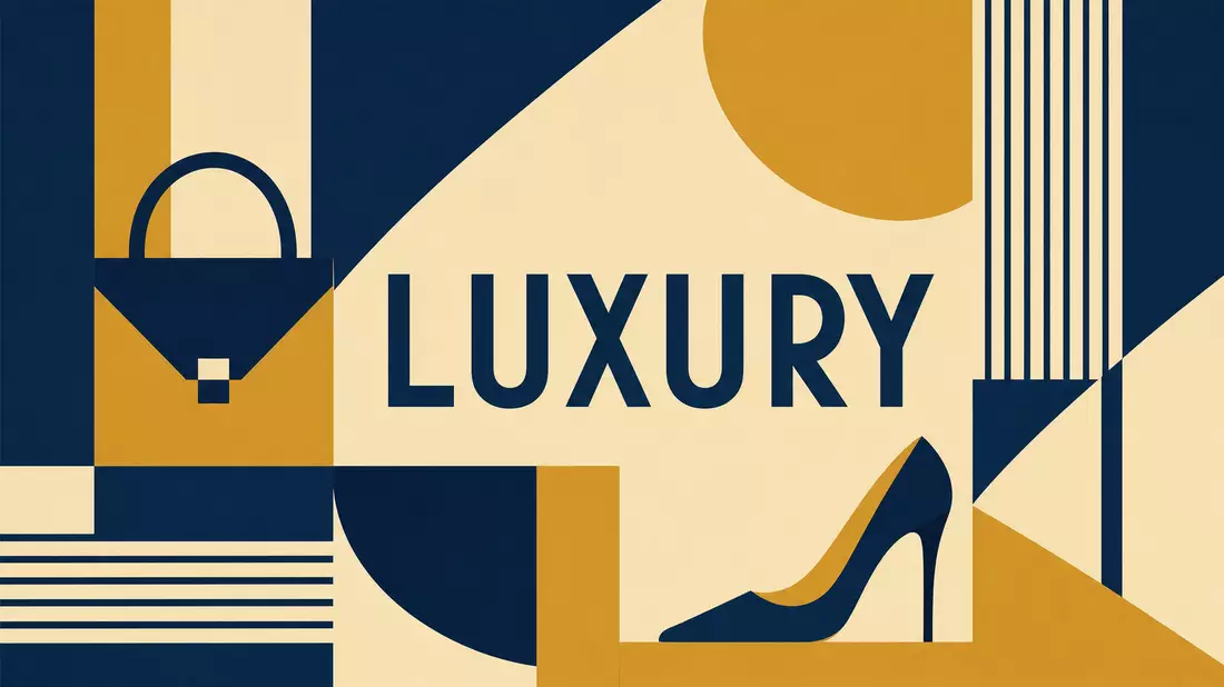 Bauhaus-Poster mit geometrischen Formen und dem Wort LUXURY in Gold und Blau