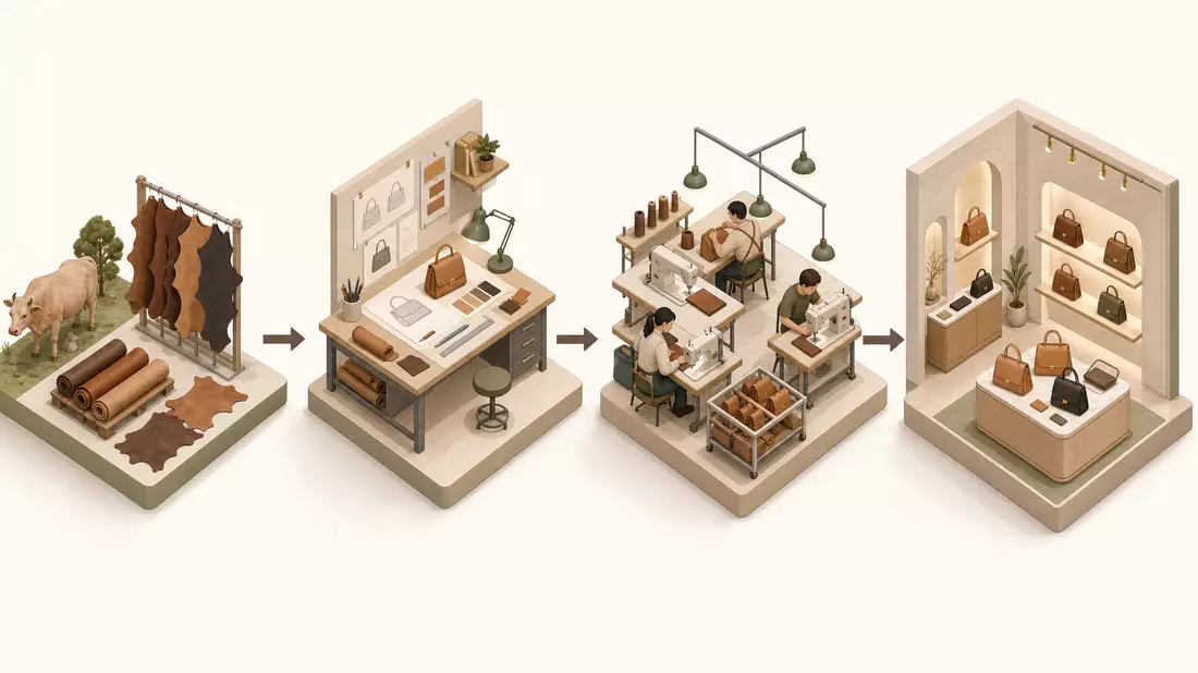 Isometrische 3D-Illustration der Wertschöpfungskette von Leder bis Boutique