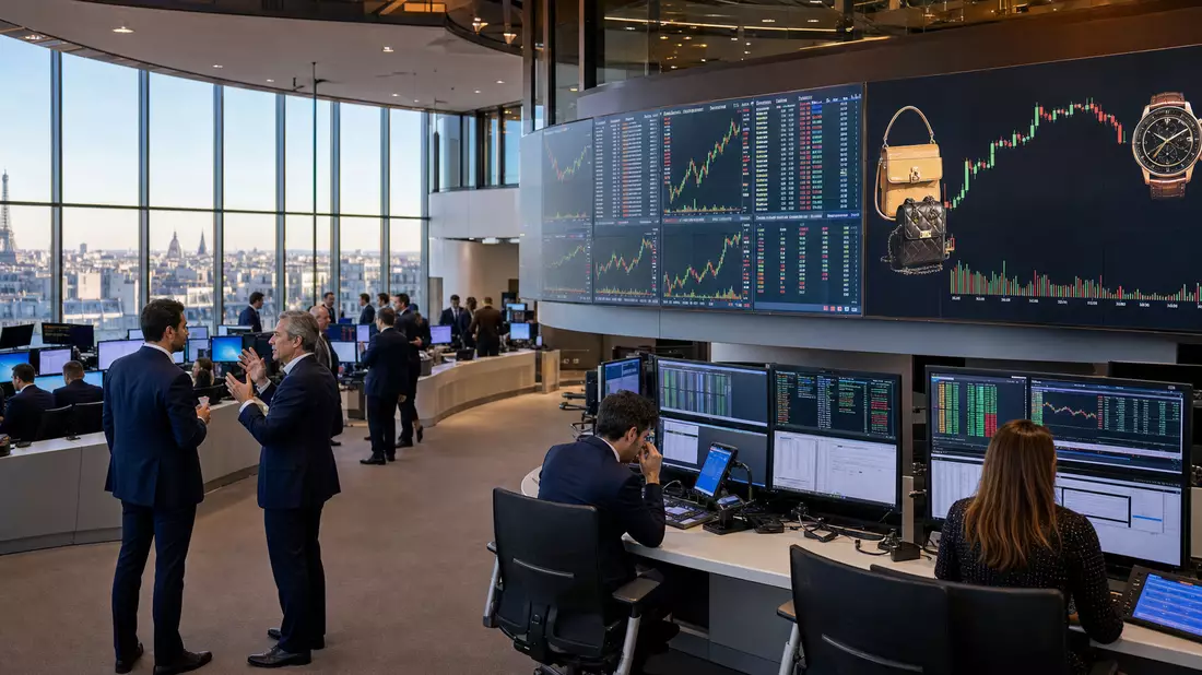Trading-Floor der Euronext Paris mit Charts und Blick auf die Stadt